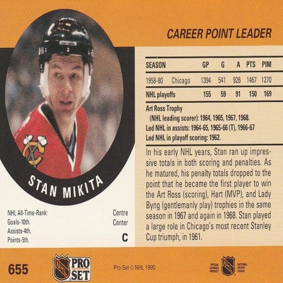 Stan Mikita - 1990 Pro Set Career Point Leader Series Card - Picture 2 of 2